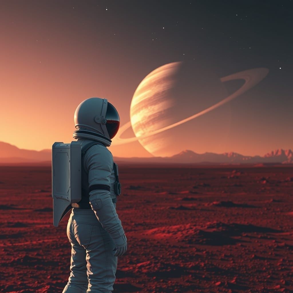 Astronaut Gazes at Ringed Planet on Alien World