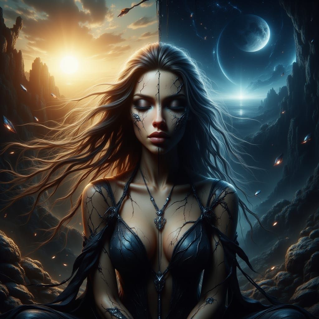 Woman Divided Between Day and Night Garden Scene