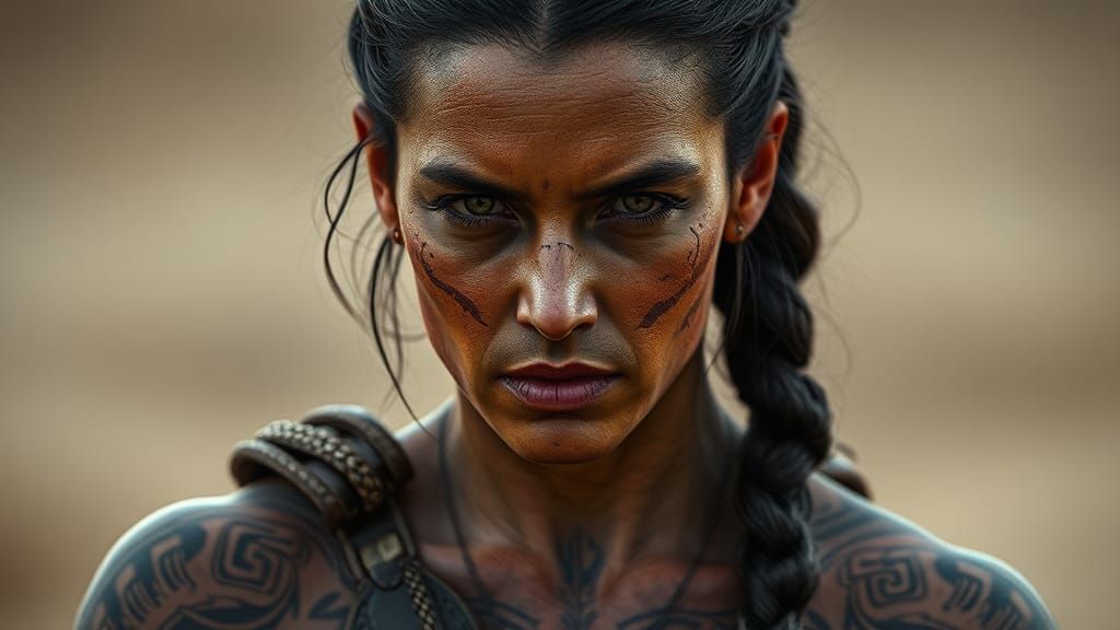 Battle-Hardened Woman Warrior with Tribal Tattoos