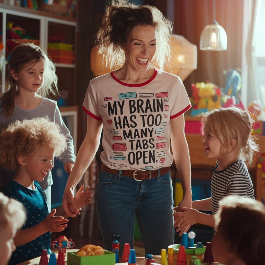 Whimsical Mother Surrounded by Joyful Chaos in Vibrant Scene