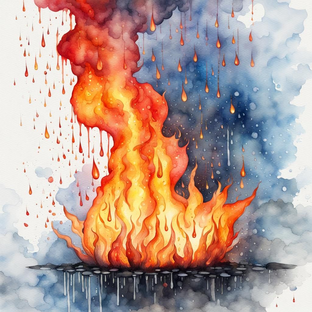 Fiery Tears: Rain Ablaze in Watercolor Splash Art