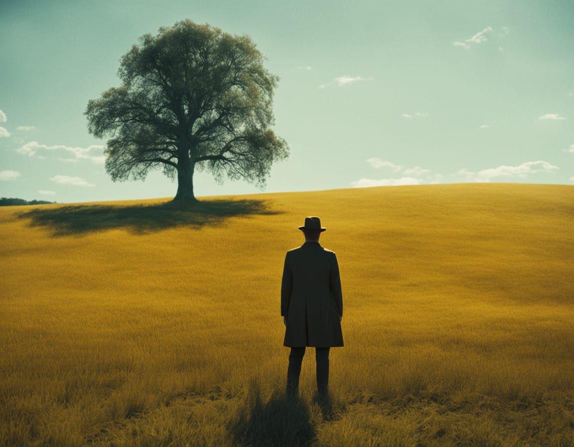 A Man Stands in a Field Under a Tree-Like Shadow in a Cinema...