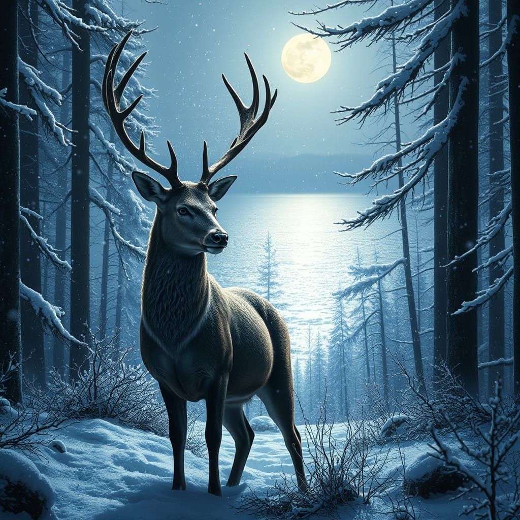 Serenely Majestic Deer in Snowy Forest under Moonlight