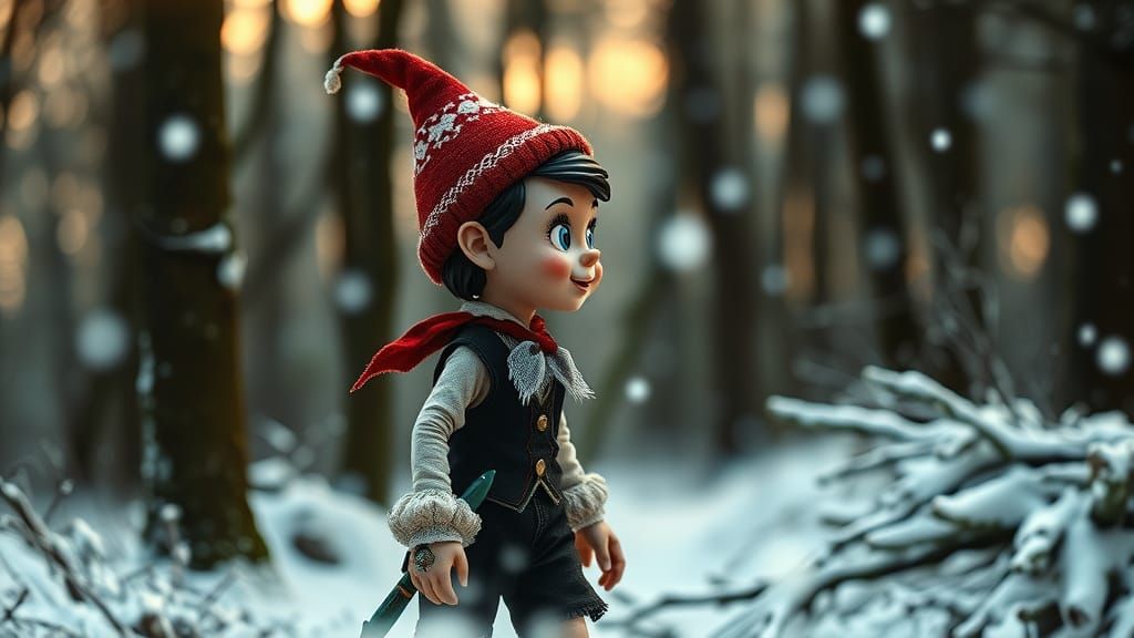 Pinocchio in Snowy Forest, Hyperrealistic Photography
