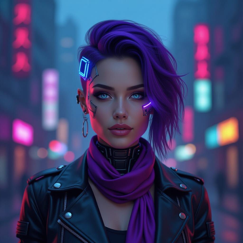 Cyberpunk Woman with Purple Hair in Neon Cityscape