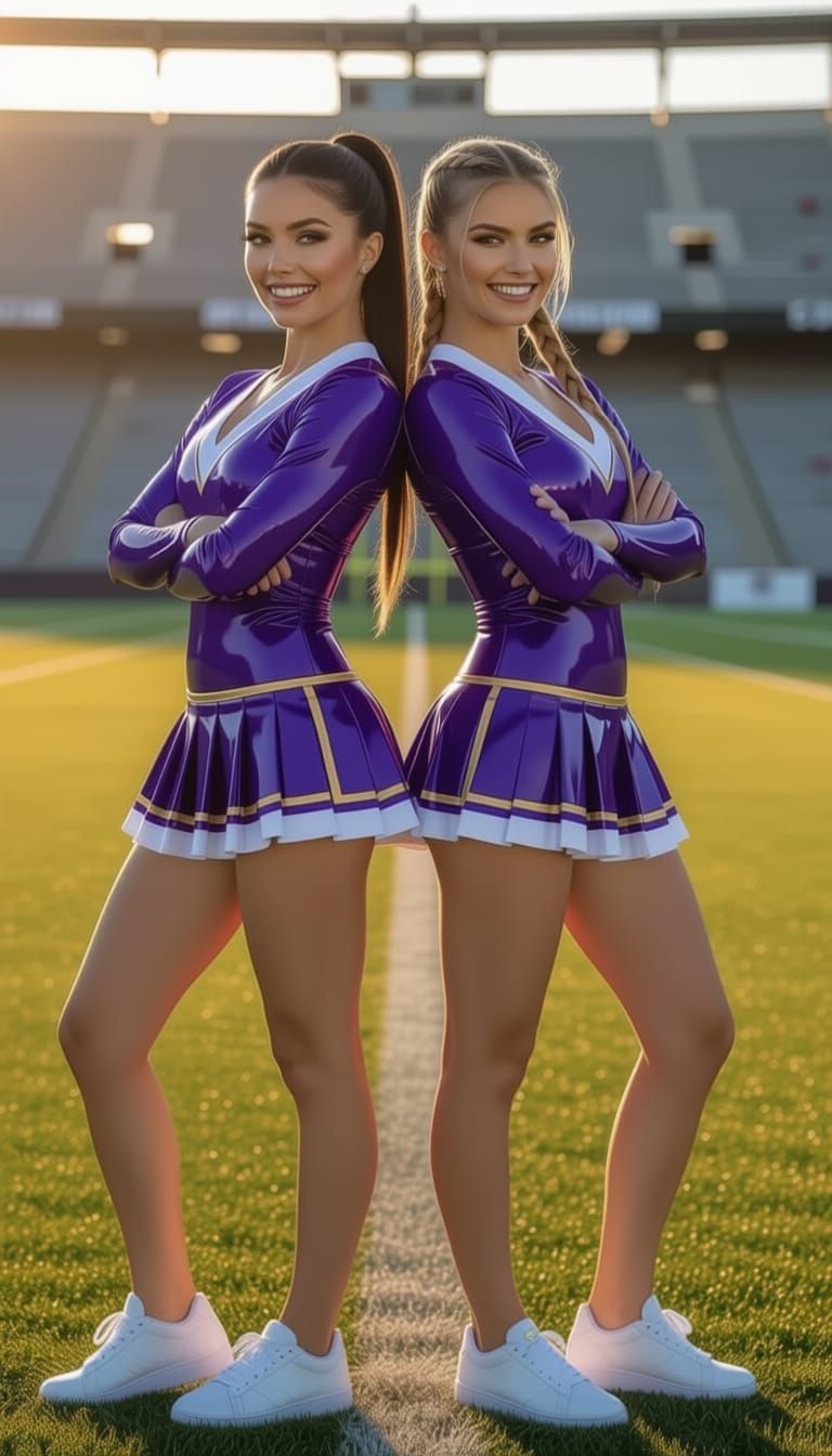 Cheerleaders Pose in Golden Hour at Empty Football Stadium