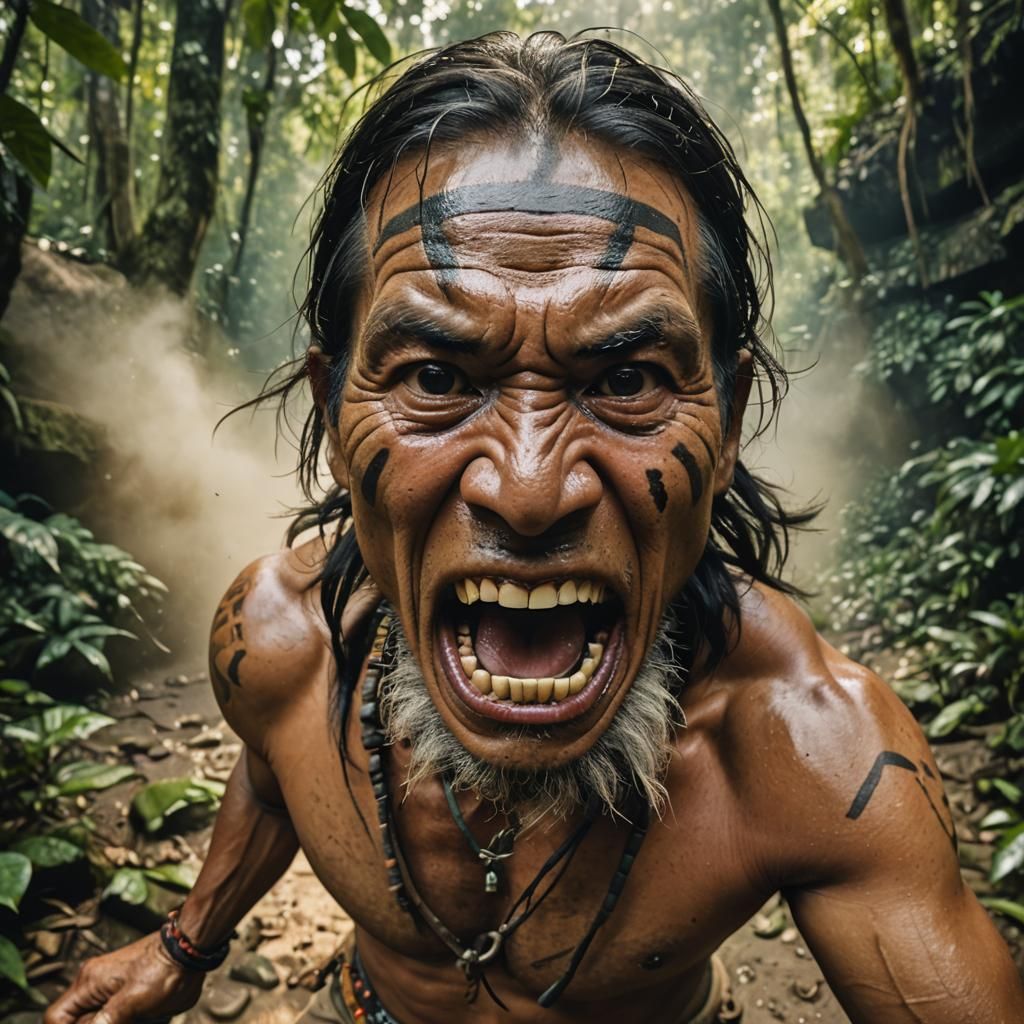 Aggressive Kichwa Warrior in Amazon Rainforest