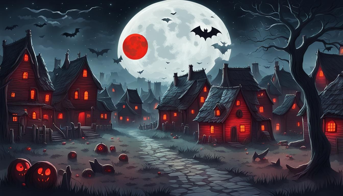 Eerie Night Village with Red Moon and Ghosts