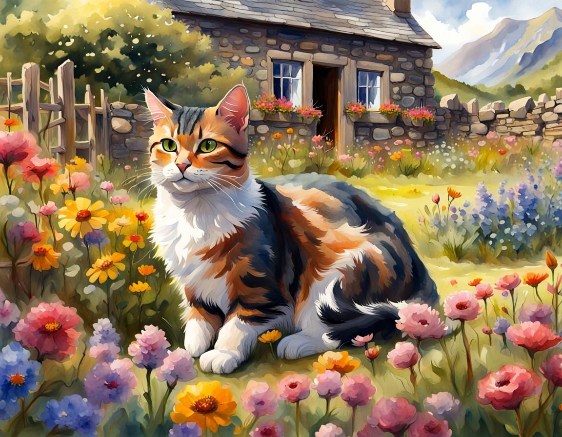Victorian Farm Cat in Glen Coe: Watercolour Gouache Painting
