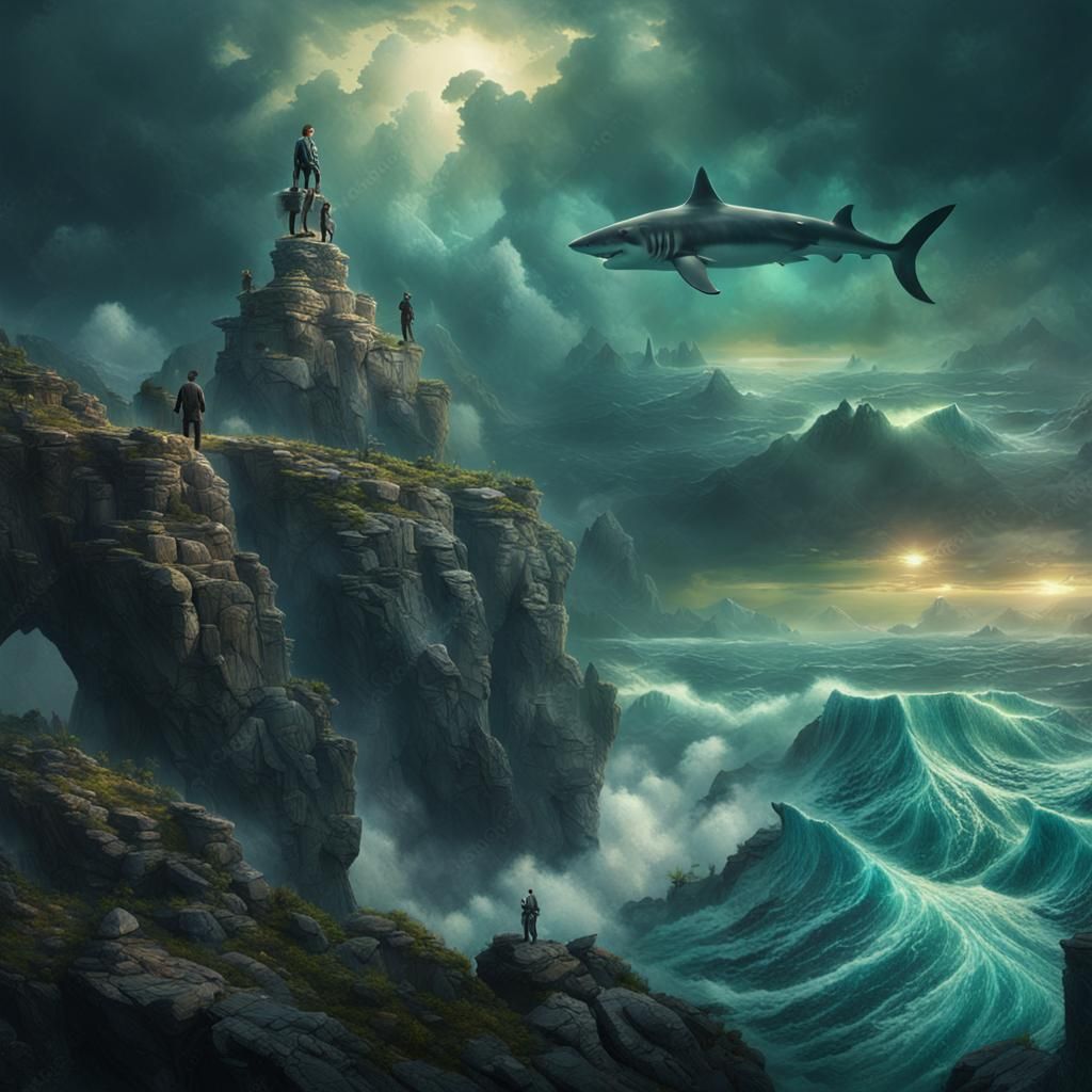 Majestic Sharkanda Overlooks Stormy Ocean in Surreal Style