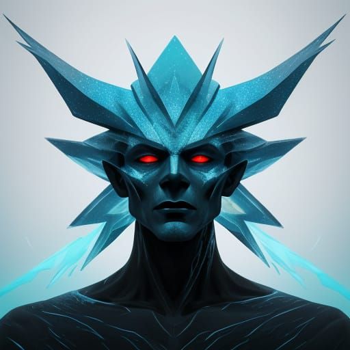 A demon made of ice slowly dissolves into aerogel filaments that drift like frozen smoke across a field of mirror-flat b...