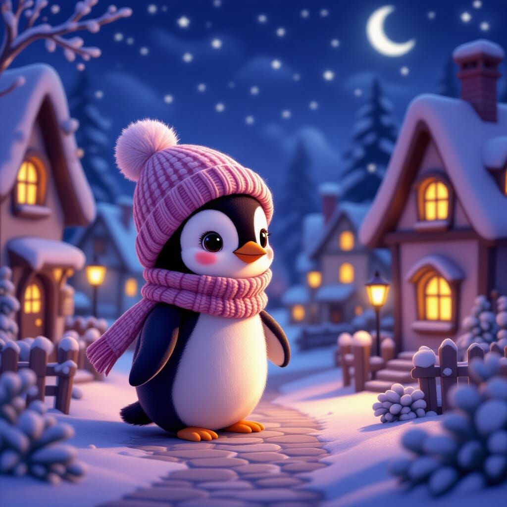 Penguin Explores Fairytale Village in 3D Cartoon Style
