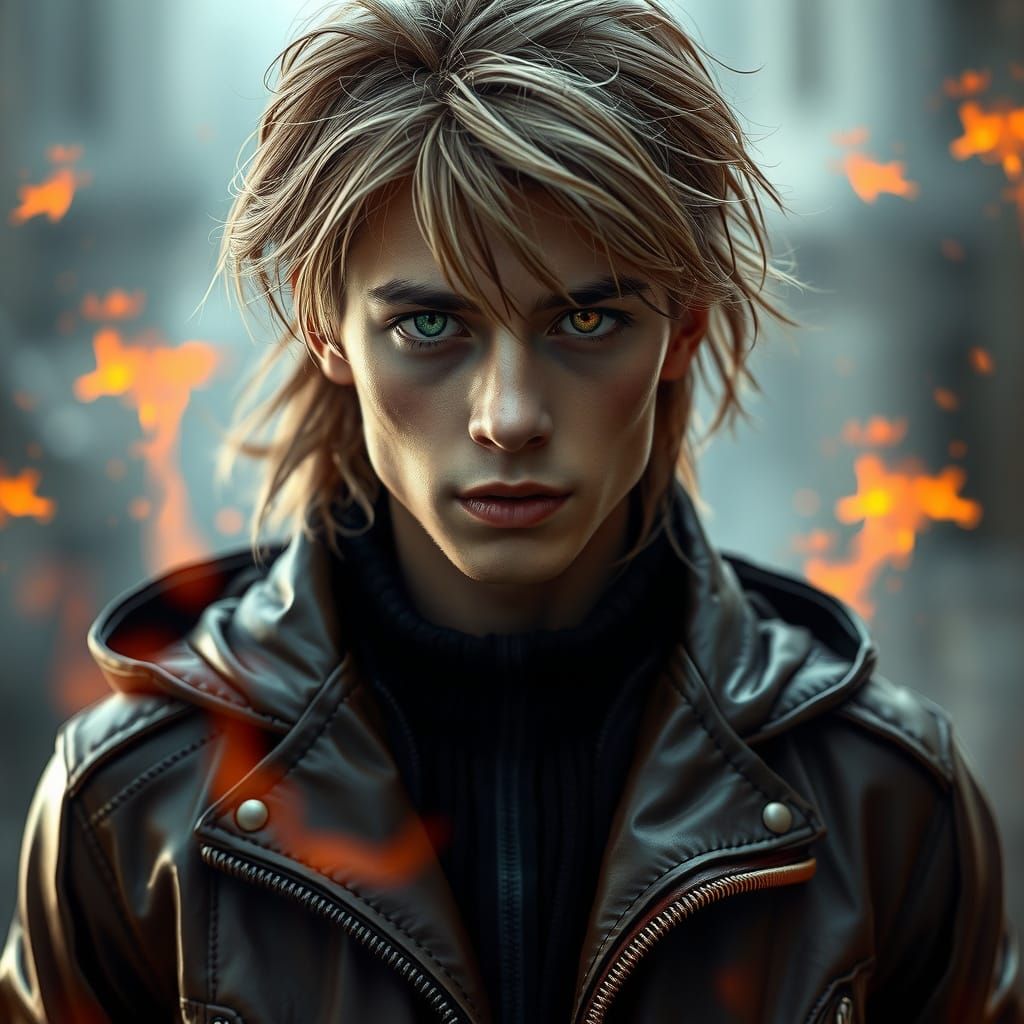 Heterochromia Young Man with Pyrokinesis in Cyberpunk Style