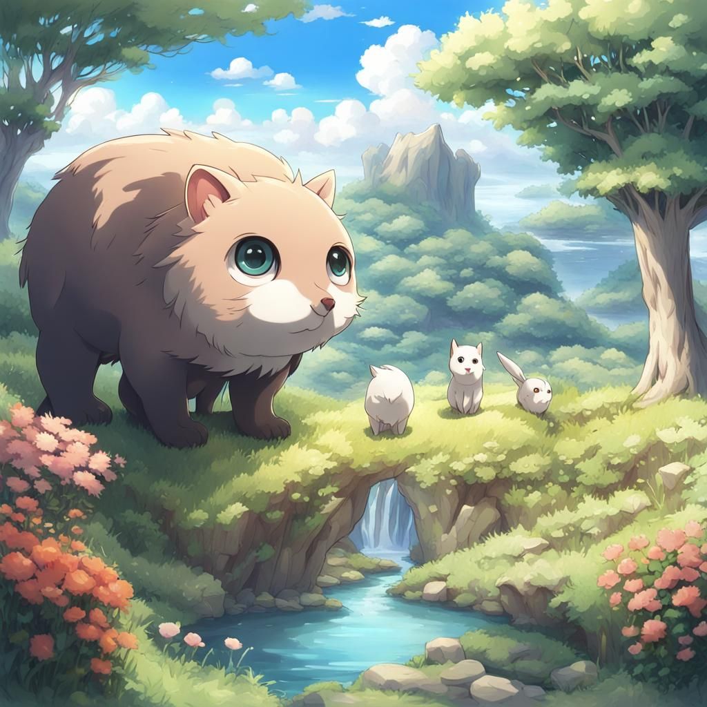 Anime Landscape with Cute, Big-Eyed Animals