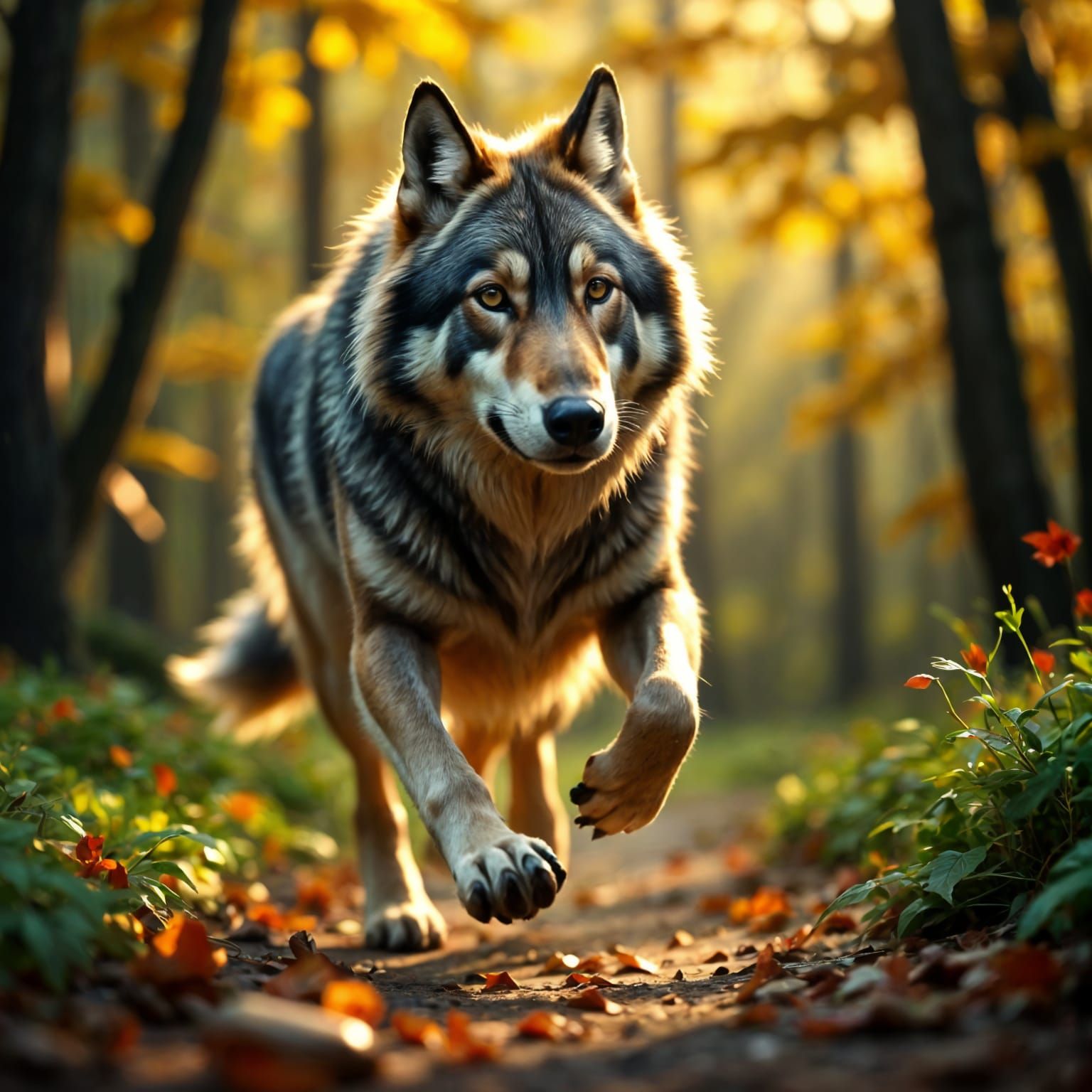 Wolf in Hyperrealistic Woodland Scene