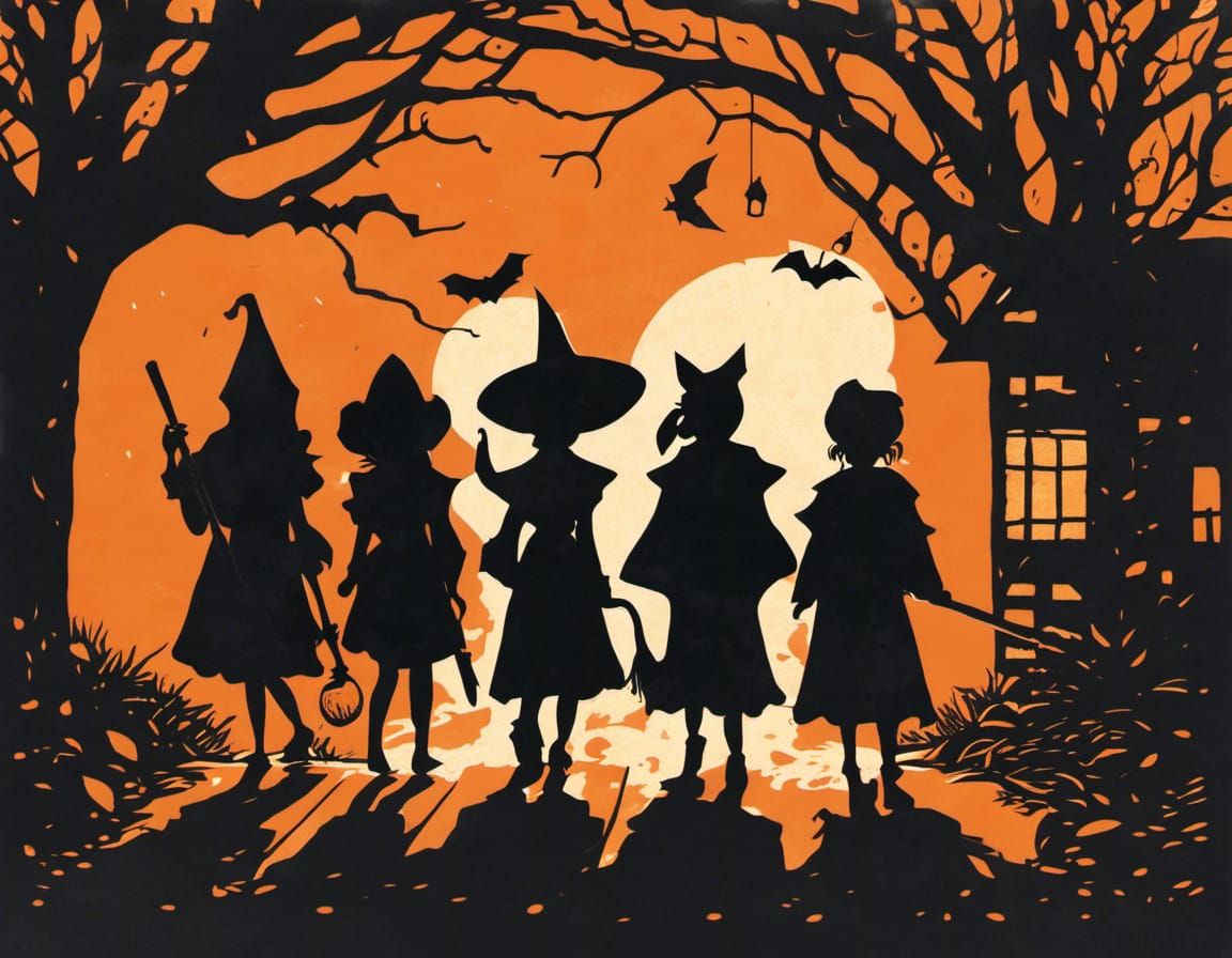 Halloween Silhouette of Trick-or-Treaters in Orange and Blac...