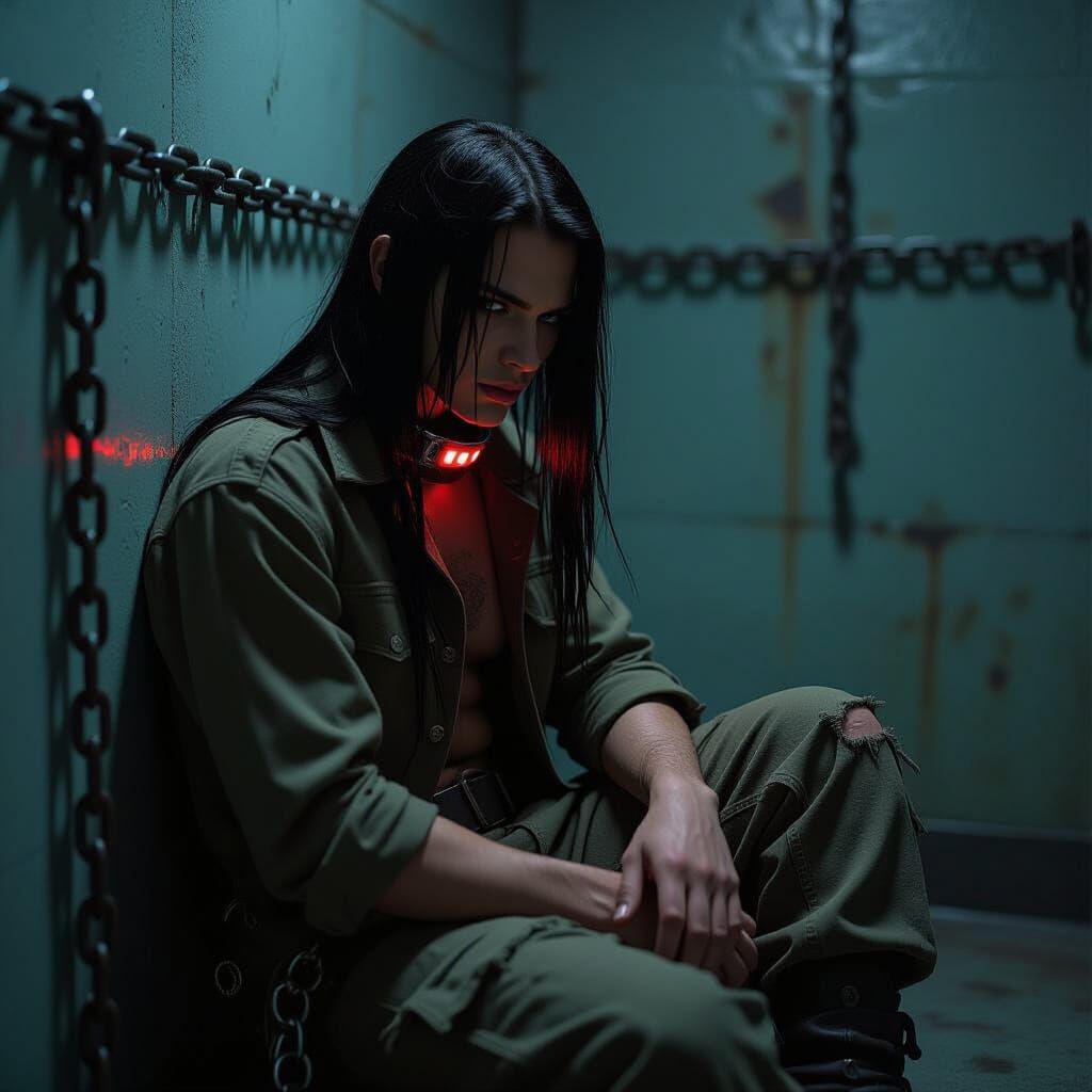 Dystopian Soldier in Dark Prison Cell