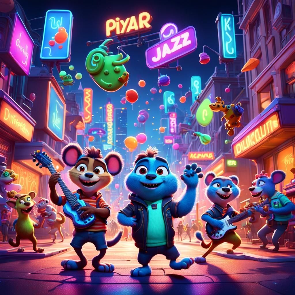 Jazz Animals Grooving in Neon City, Pixar Style