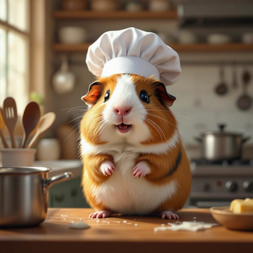 Guinea Pig Chef in Whimsical Miniature Kitchen