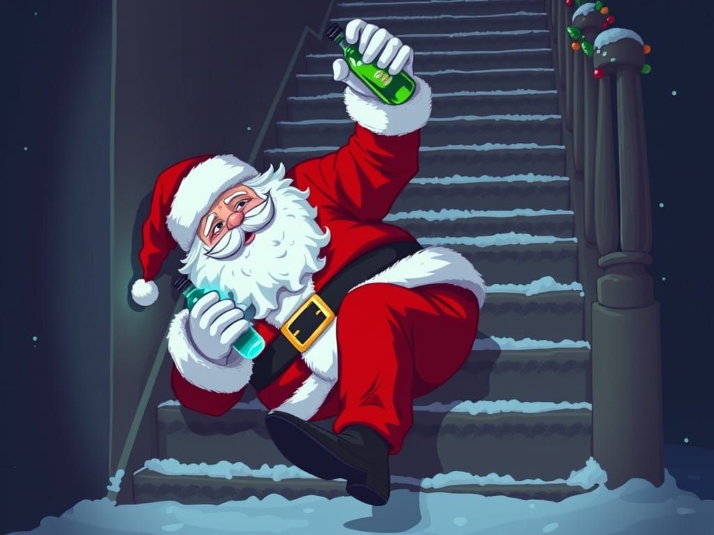 Sleazy Santa Tumbles Down the Stairs with a Gin Bottle