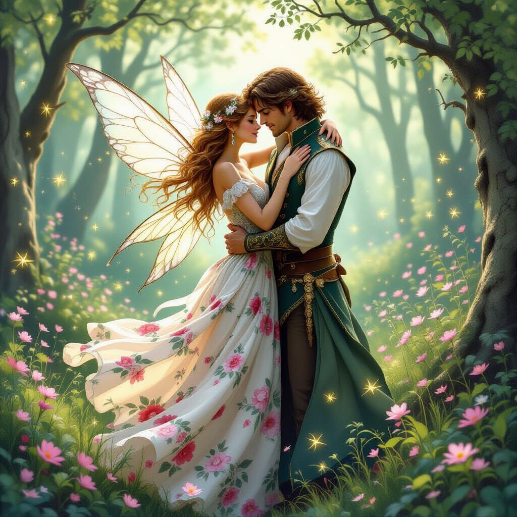 Enchanting Fairy and Human Embrace in Whimsical Forest