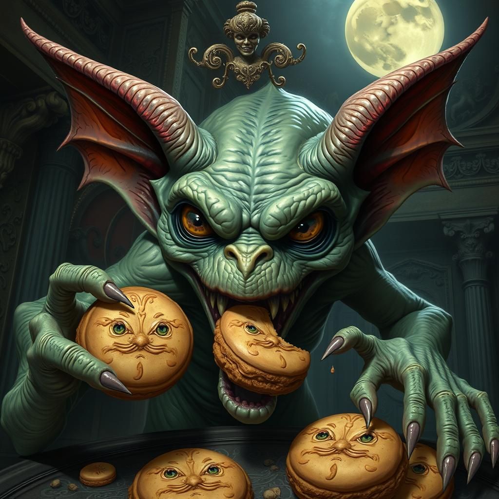 Nightmarish Gremlin Eats Cookies in Rococo Setting