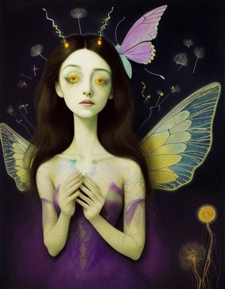 Beautiful woman, long dark hair, detailed face, dressed in gossamer silk, butterfly wings on her back in a Million Da...