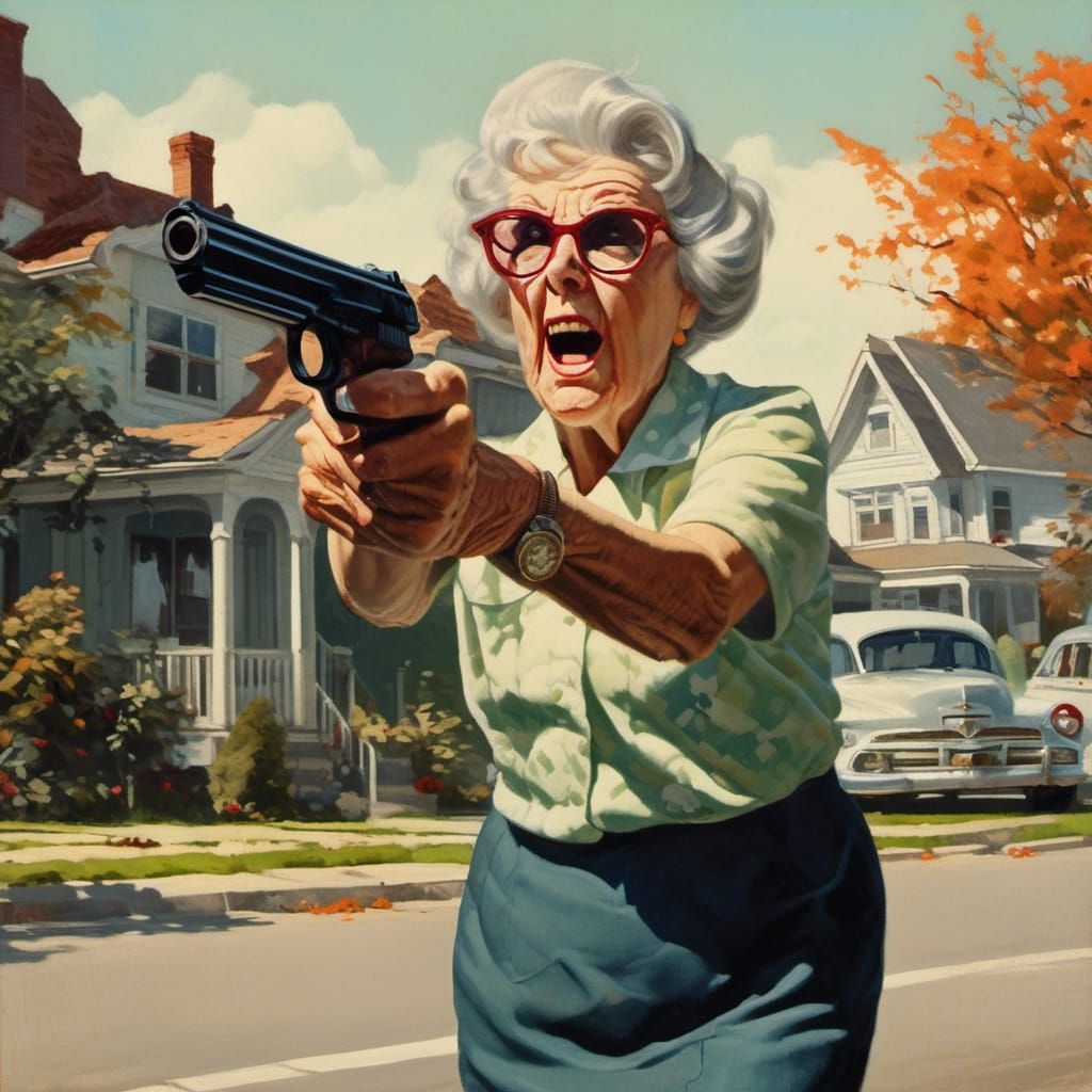 Angry Octogenarian with Gun in Norman Rockwell Style