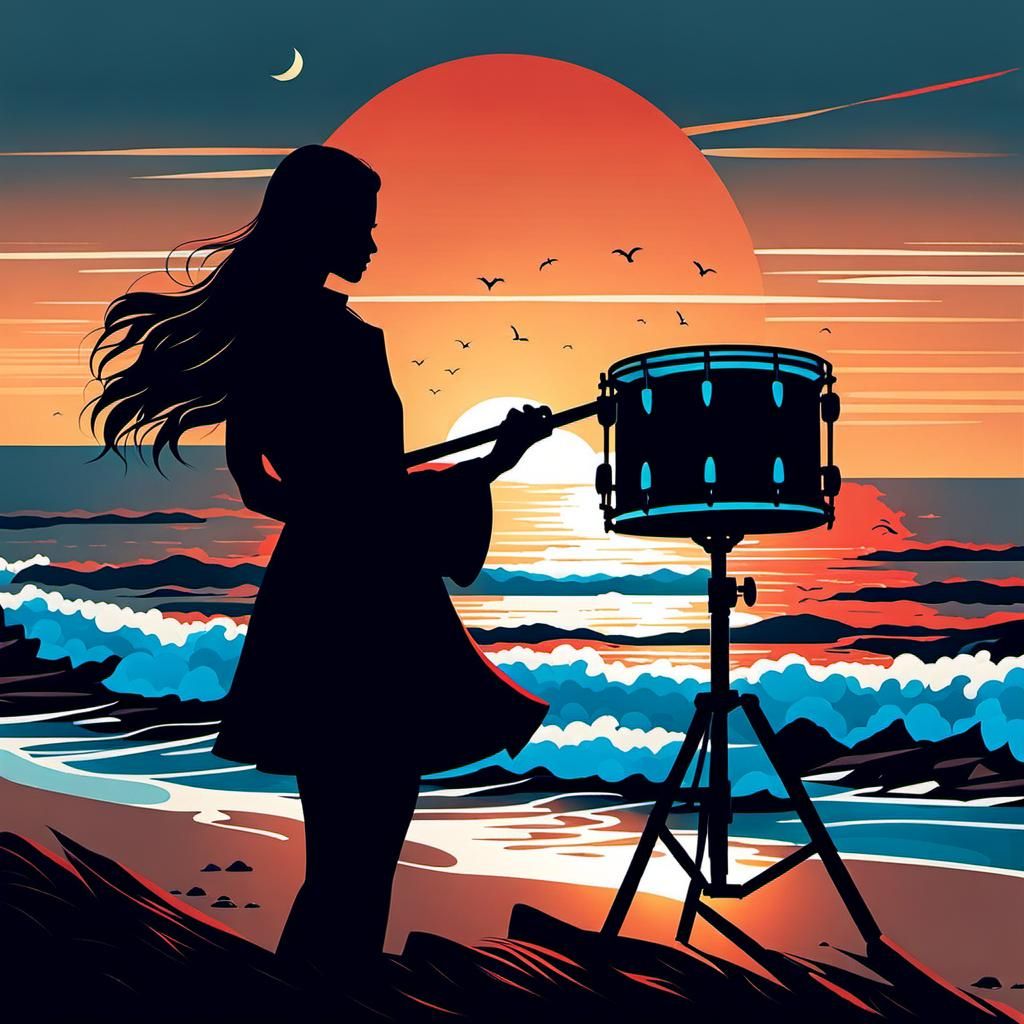 drummer girl by the sea coast. effulgent, glazing, illustration, Alena Aenami