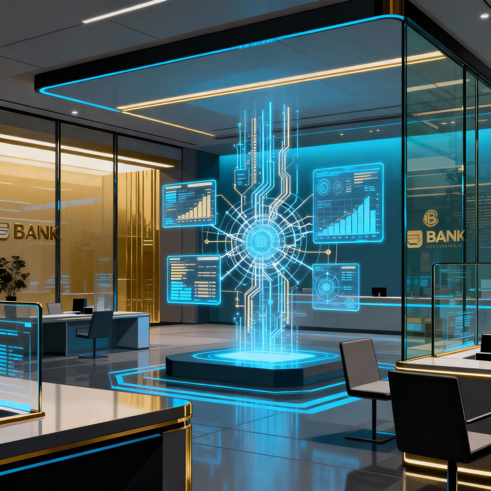 Futuristic AI Bank Interface with Holographic Displays