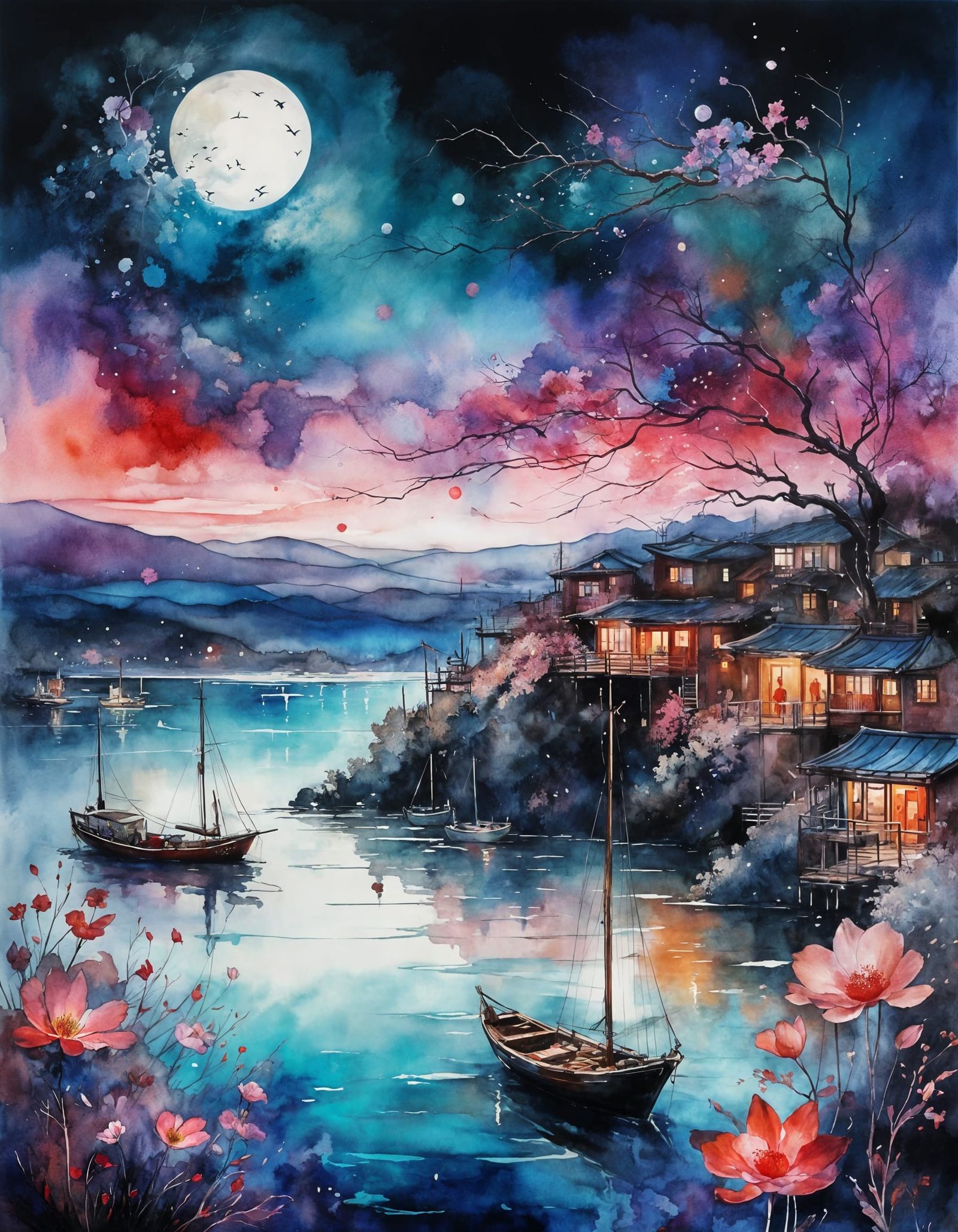Dreamy Harbor at Night in Watercolor Style