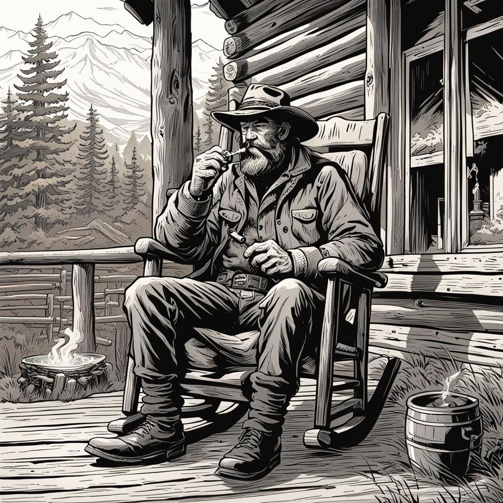 Mountain Man on Porch in Comic Book Art