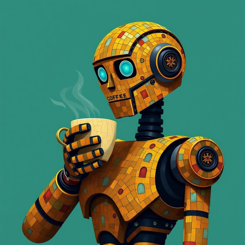 Sacred Robot Holds Coffee Chalice in Mosaic Style