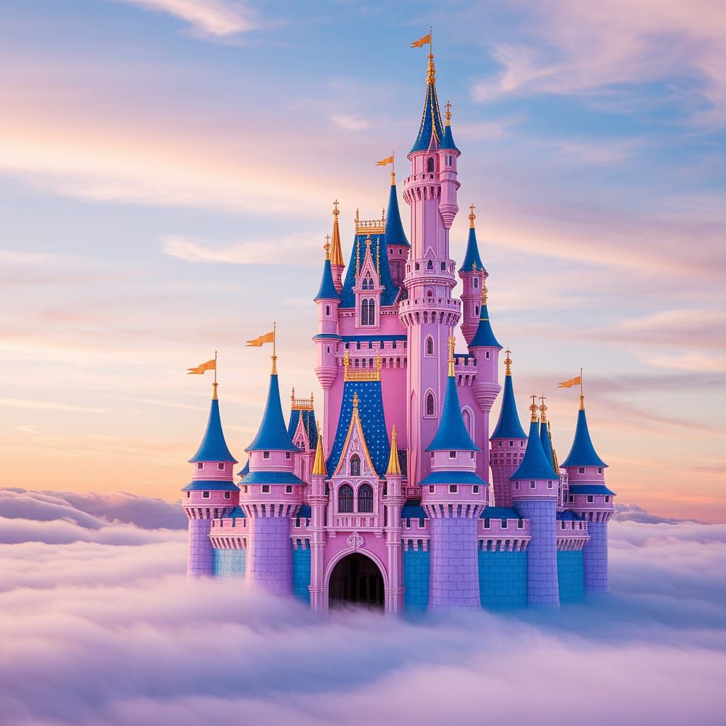 Colorful Castle Floating on Clouds at Sunset