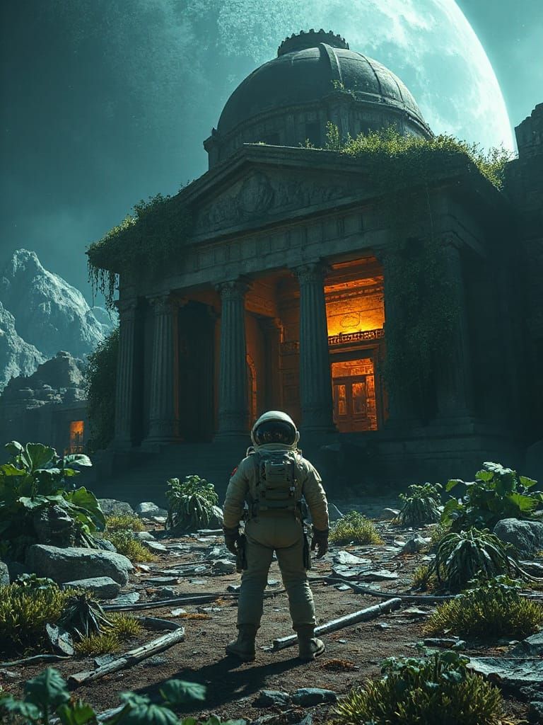 Astronaut Discovers Alien Temple in Luminescent Flora