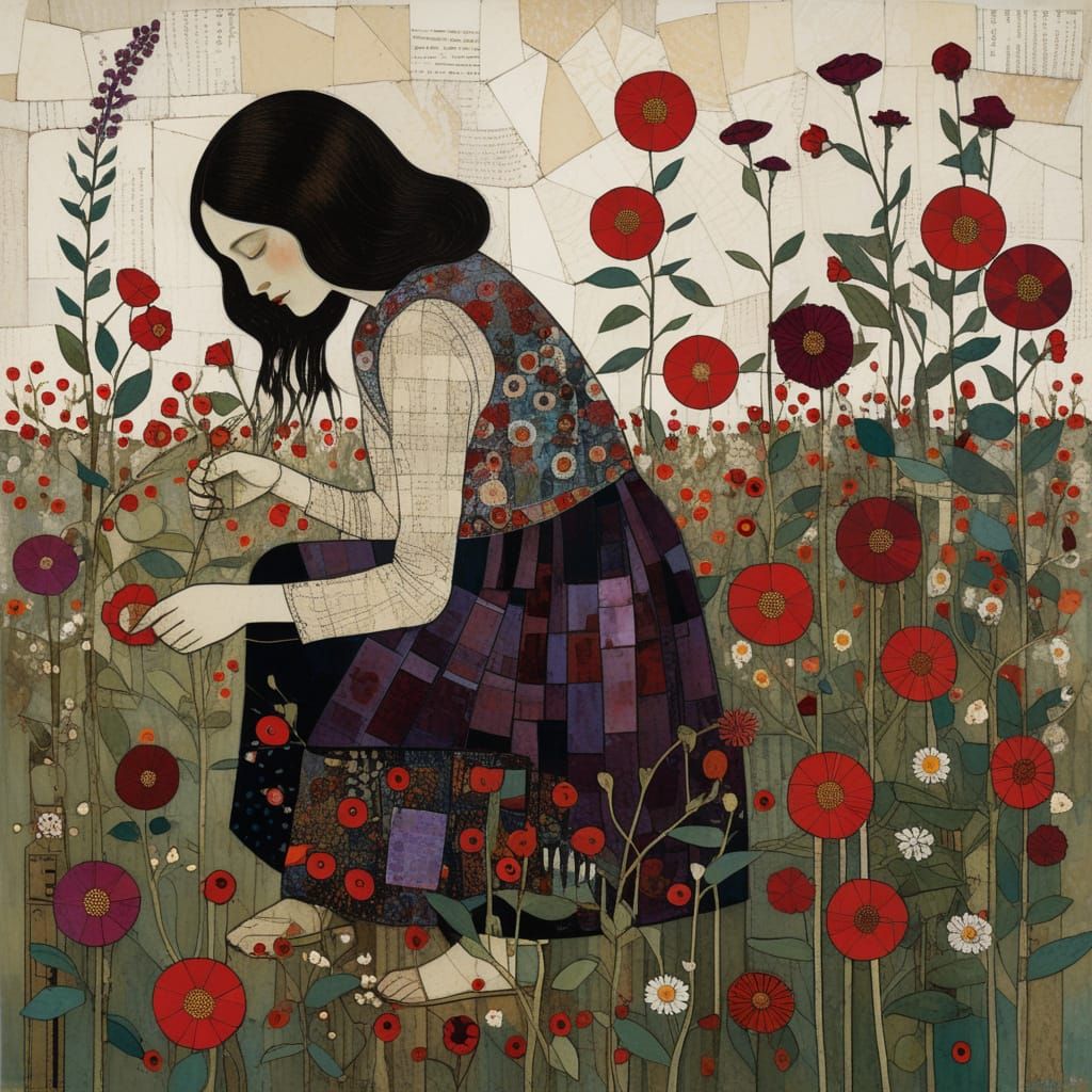 Girl Picking Flowers in Mixed Media Style
