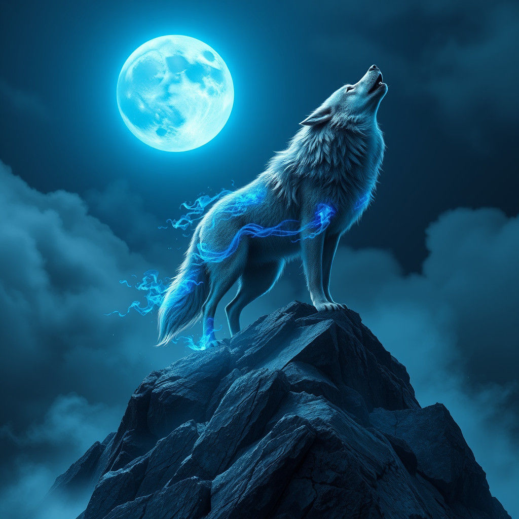 Wolf Howling at Blue Moon with Blue Flames