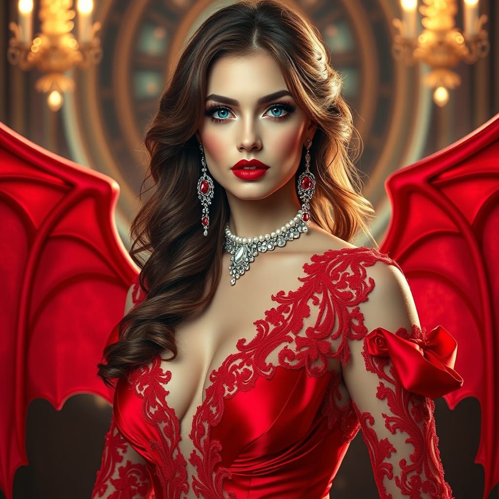 Luxurious Demon Woman in Red Gown, Digital Photography