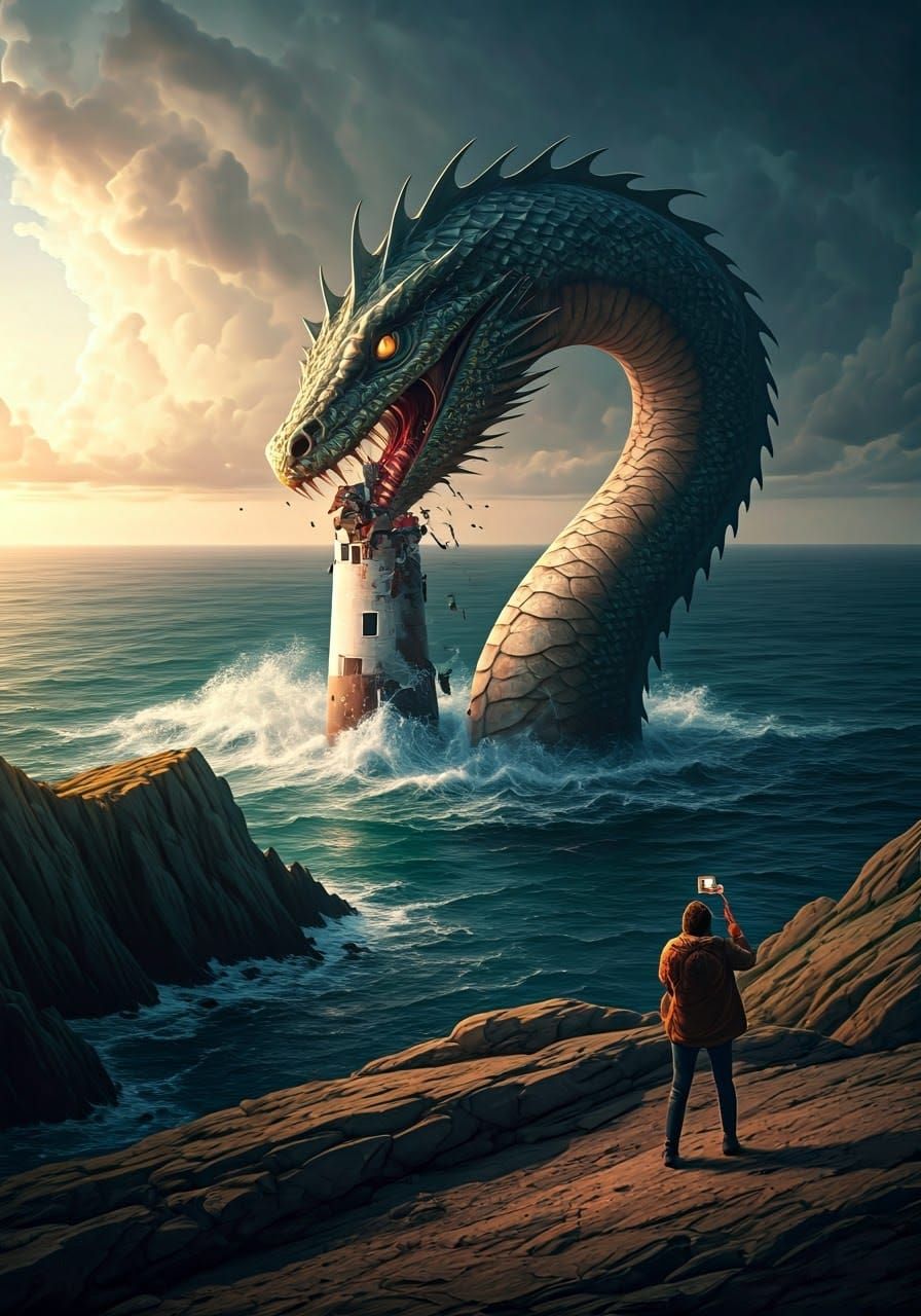 Sea Serpent Eats Lighthouse on Cliff Shore
