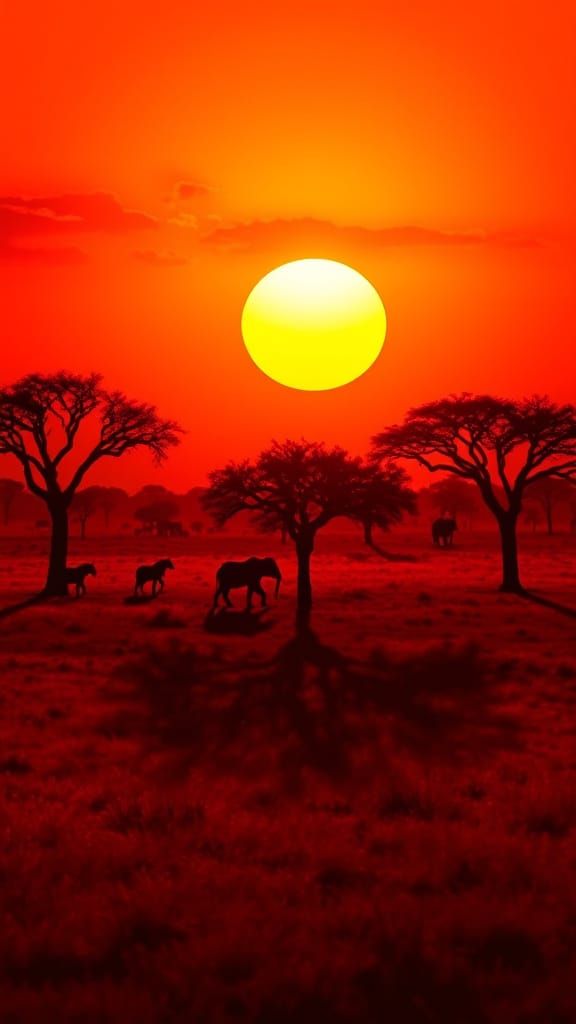 African Savanna Sunset with Fire Red Light