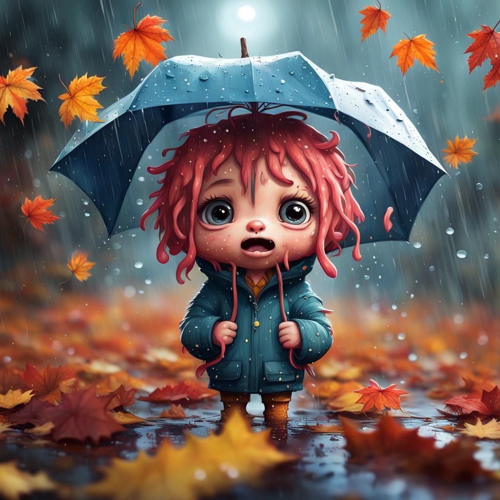portrait of an adorable cute chibi monster in the pouring rain, autumn leaves flying,