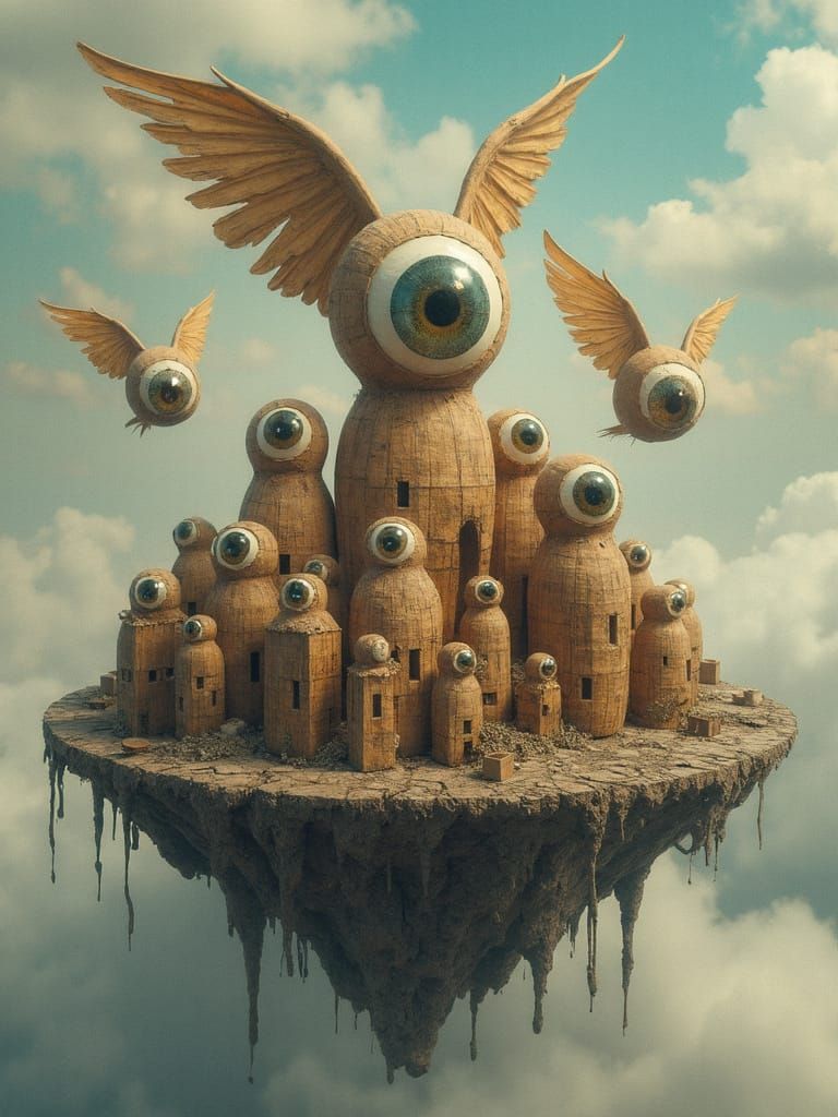 Matryoshka Doll Buildings Flown by Cloth-Winged Eyeball Hat Skygods