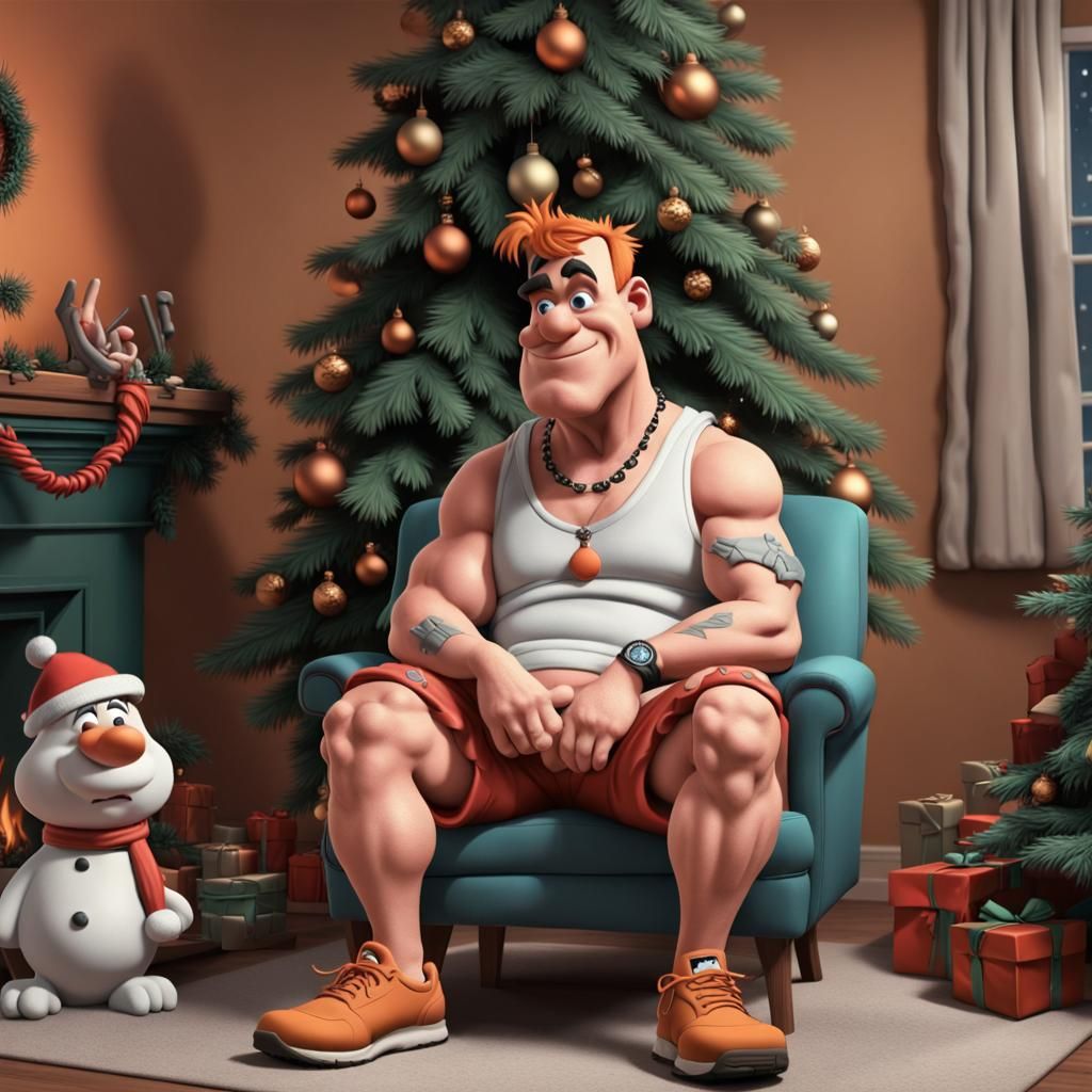 Merry Christmas ⛄🎄: Fred Flintstone and snowman ☃️ inside a Xmas deco Room