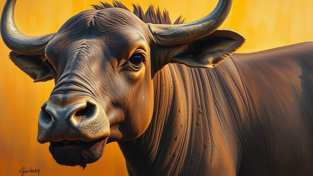 Rustic Oil Painting of Weathered Nghata Set Against Golden S...