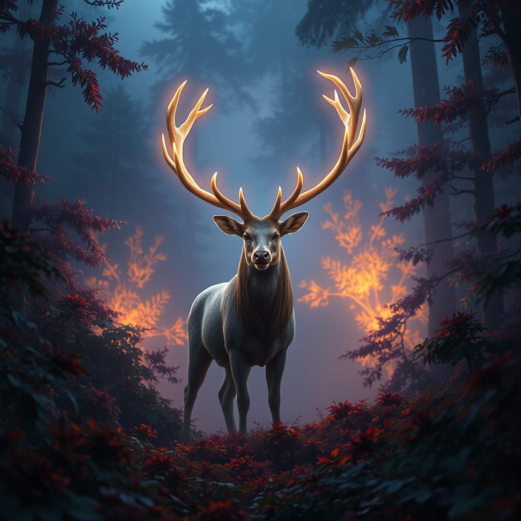 Ethereal Stag with Glowing Antlers in Misty Forest