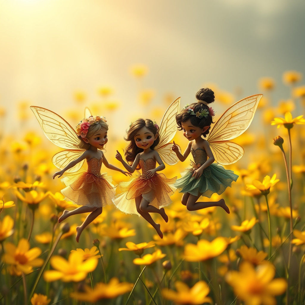 Delicate Fairies Dancing in Vibrant Yellow Fields