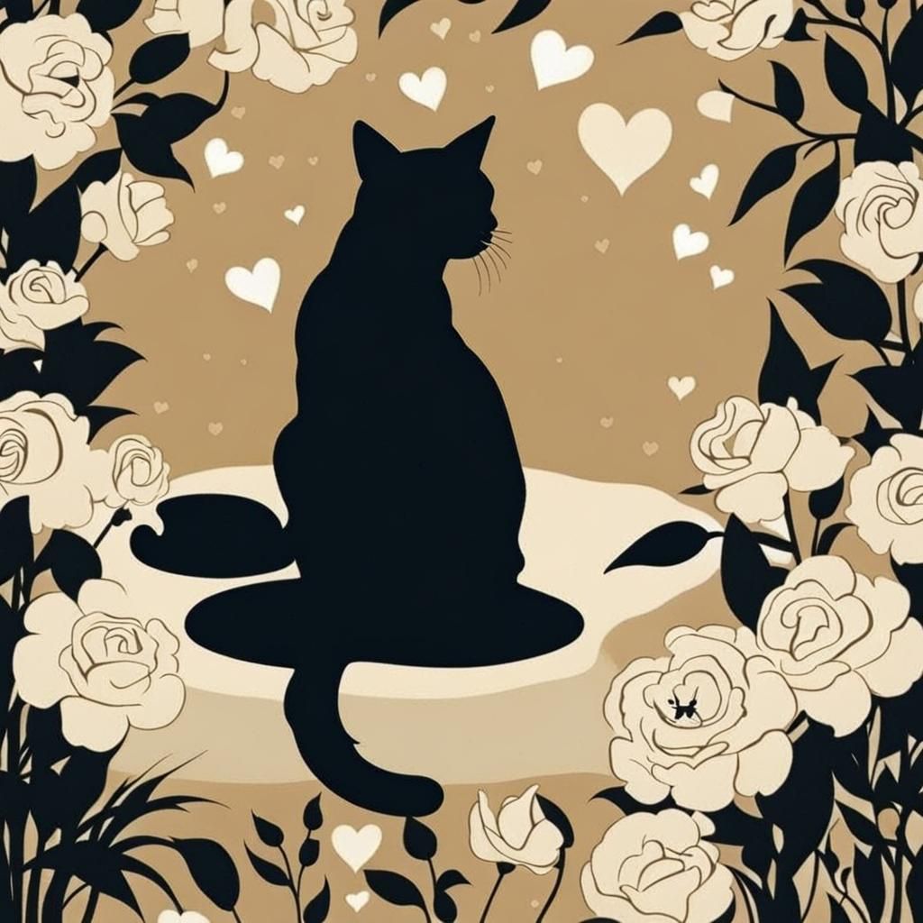 Cat Silhouette Art with Flowers and Heart Lights