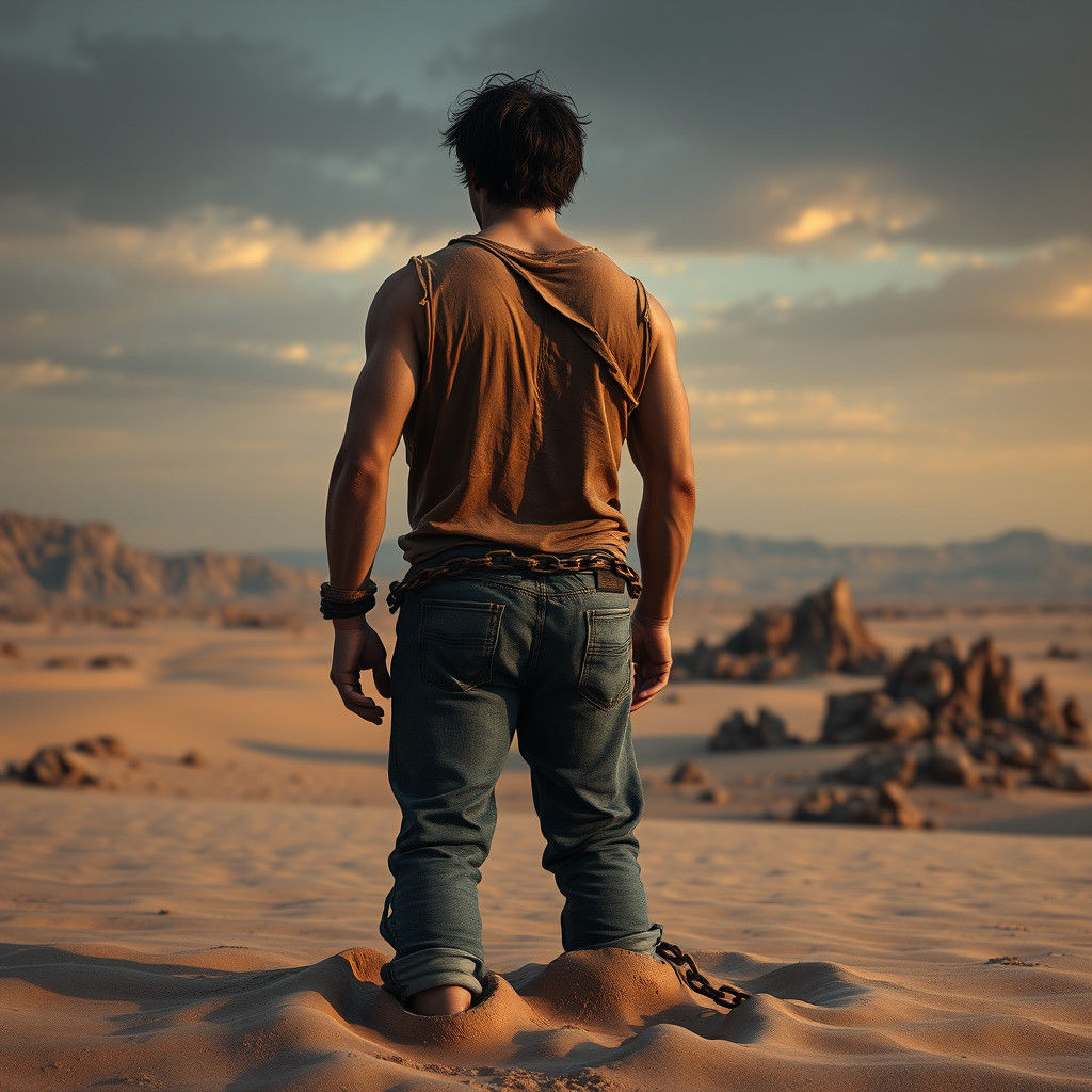 Burdened Man in Desert Landscape, Digital Art