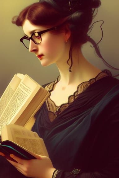 Victorian Woman Reading: Detailed Art Nouveau Portrait