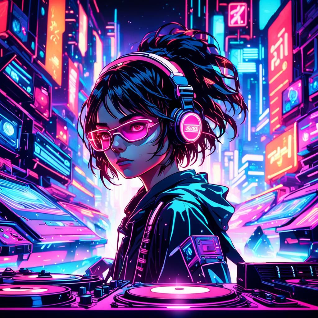 Arya Stark: Cyberpunk DJ in Neon Cityscape